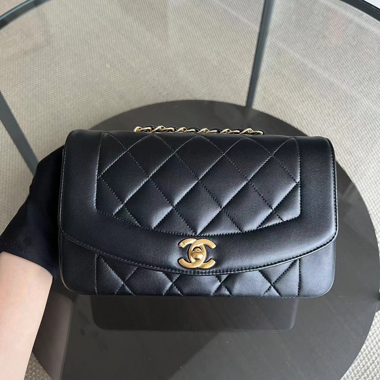 Chanel Small Diana Vintage Quilted Lambskin Black 24K Golden Hardware Series 4