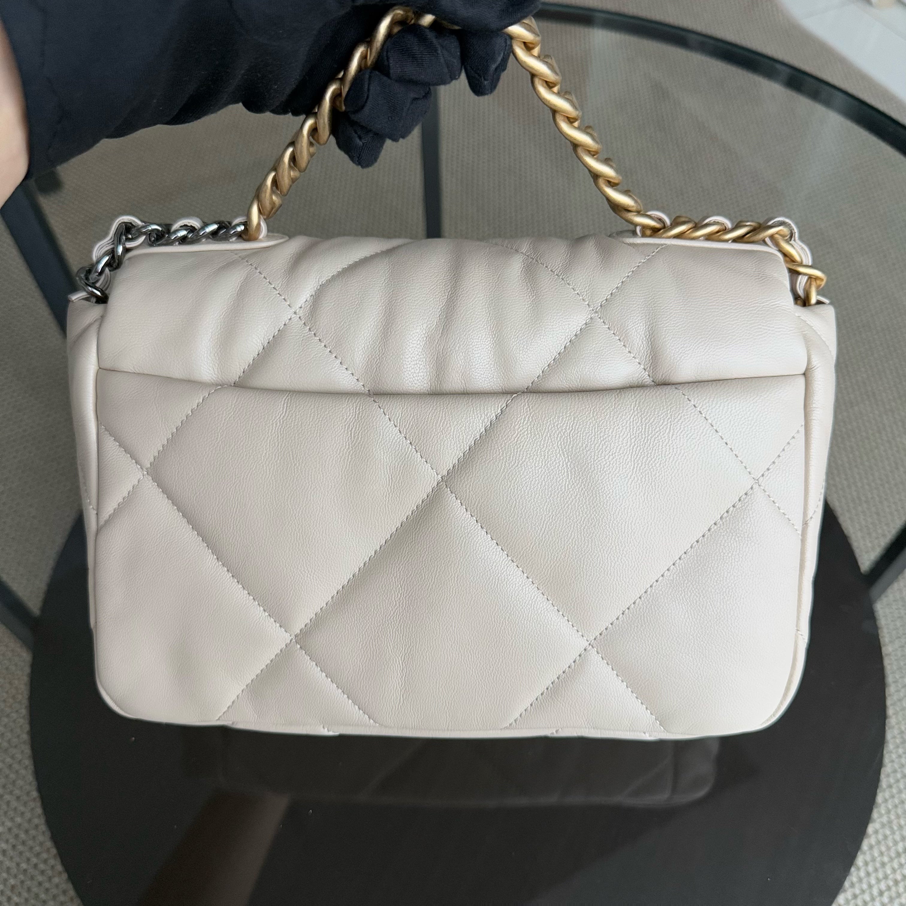 Chanel 19 Bag  Small- C19 Quilted Goatskin Cream White Two-tone Hardware Series 30