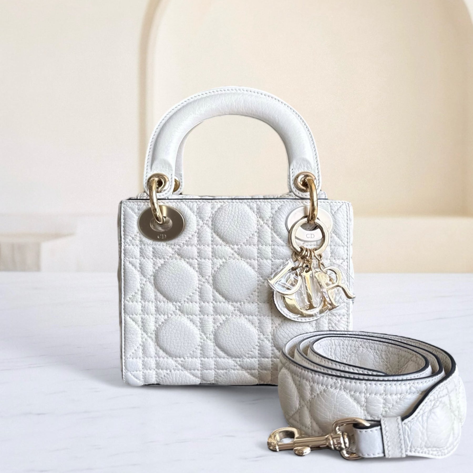 Dior Lady Mini - Grained Calfskin Cannage White Gold Hardware