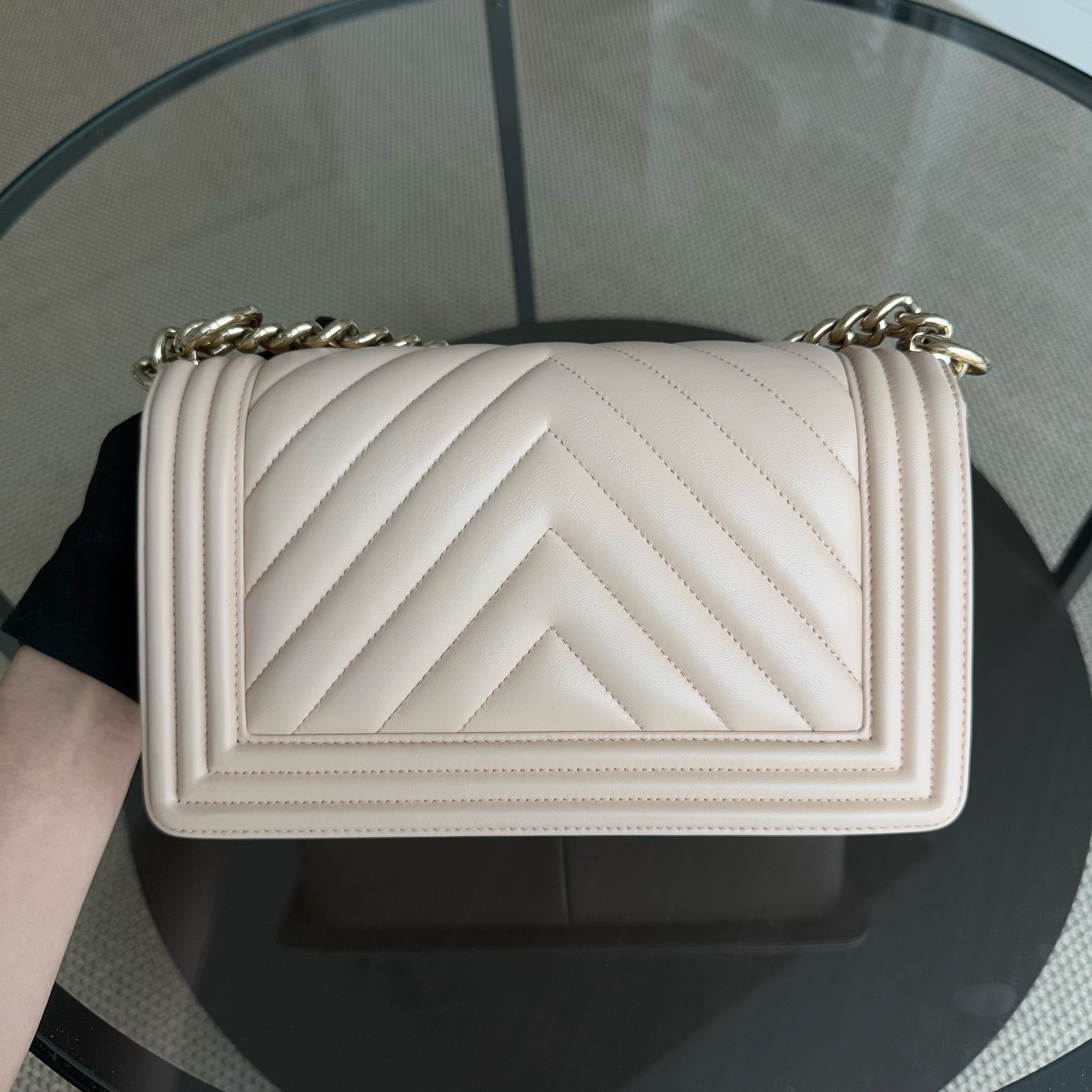 Chanel Boy Medium - 25CM Chevron Calfskin Beige Gold Hardware Series 23