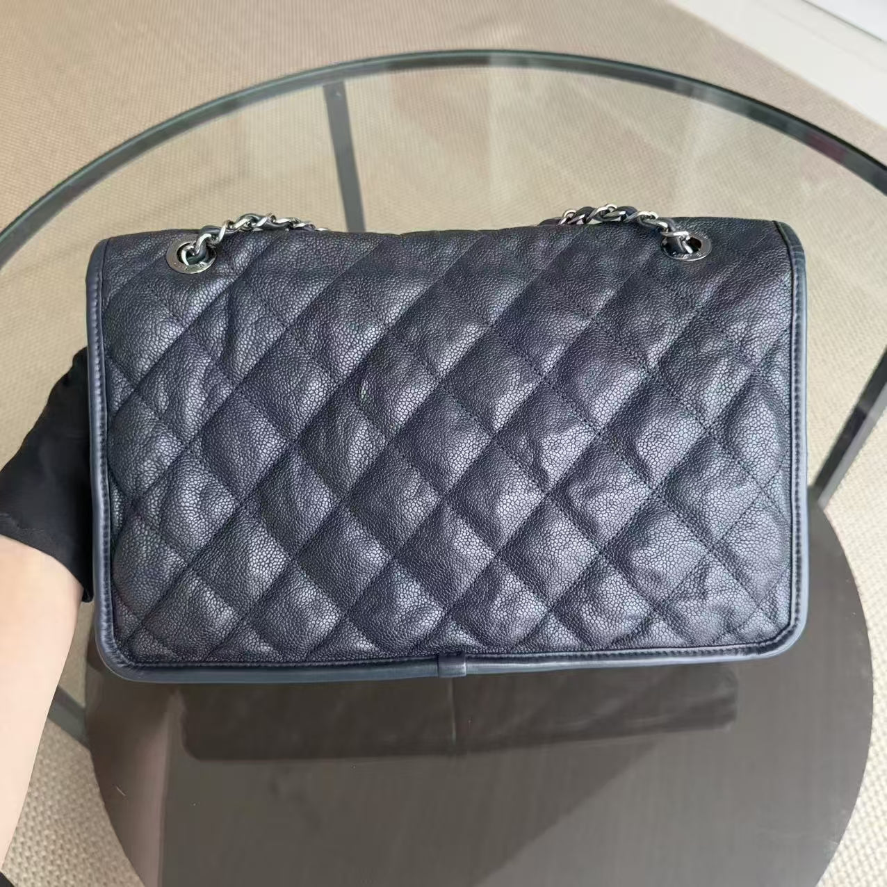 Chanel French Riviera Jumbo - Caviar 30CM Quilted Dark Navy Blue Silver Hardware Series 19