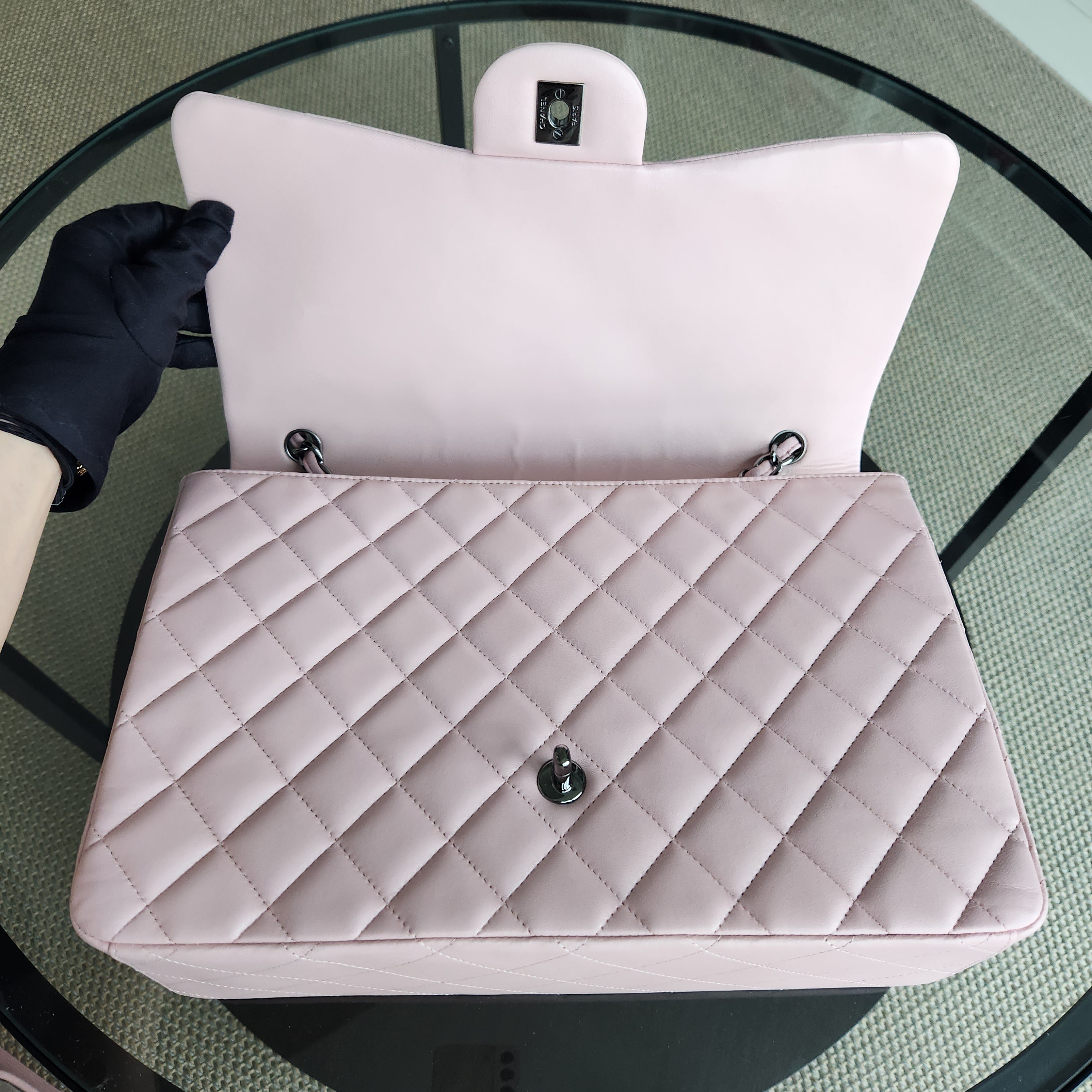 Chanel Classic Flap Maxi - 34CM Quilted Lambskin Single Flap Light Pink Silver Hardware Series 13