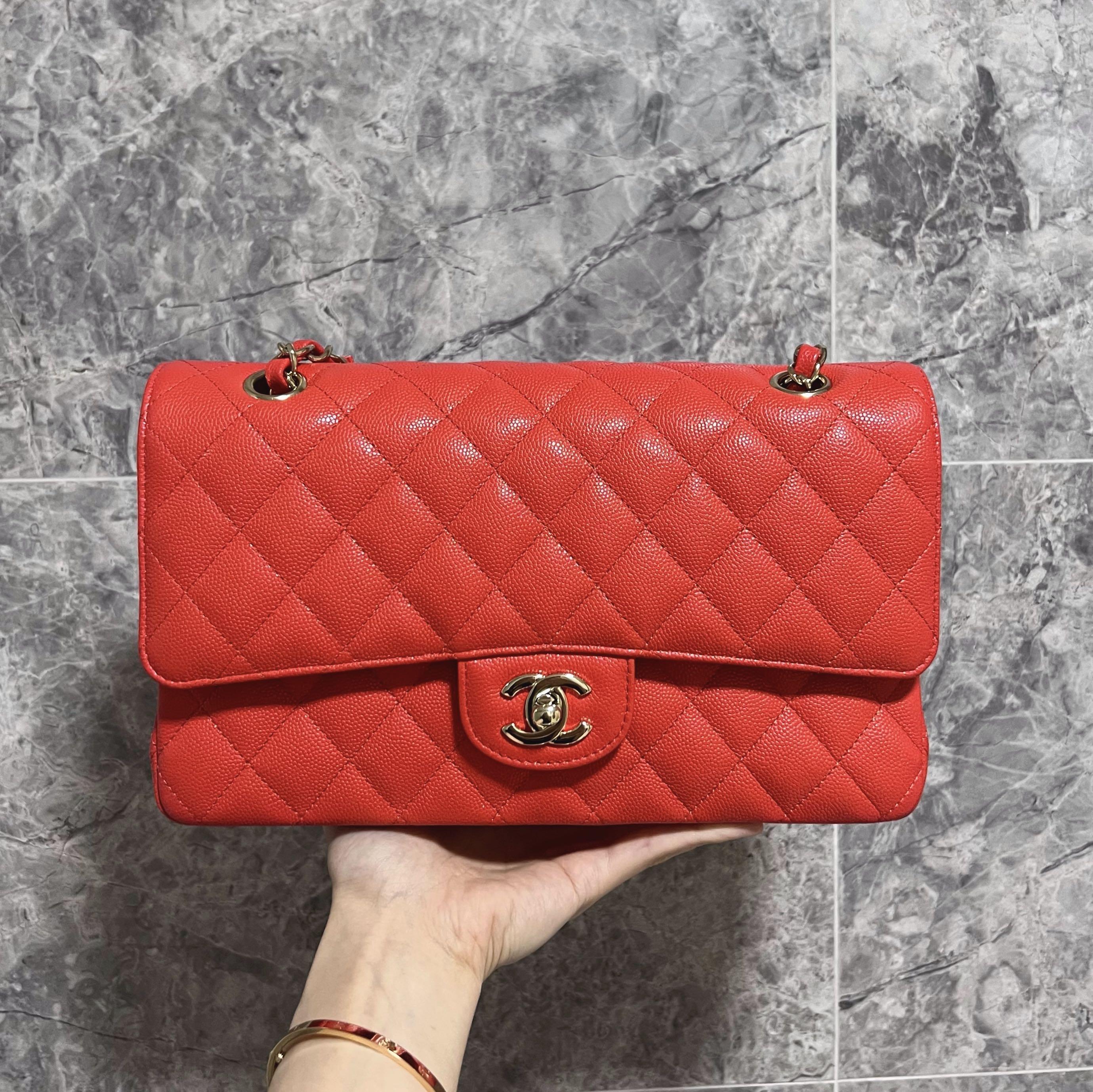 [Entrupy certified] Chanel Classic Medium double Flap CF No.27 Salmon red Caviar Gold Hardware - Luxury Evermore