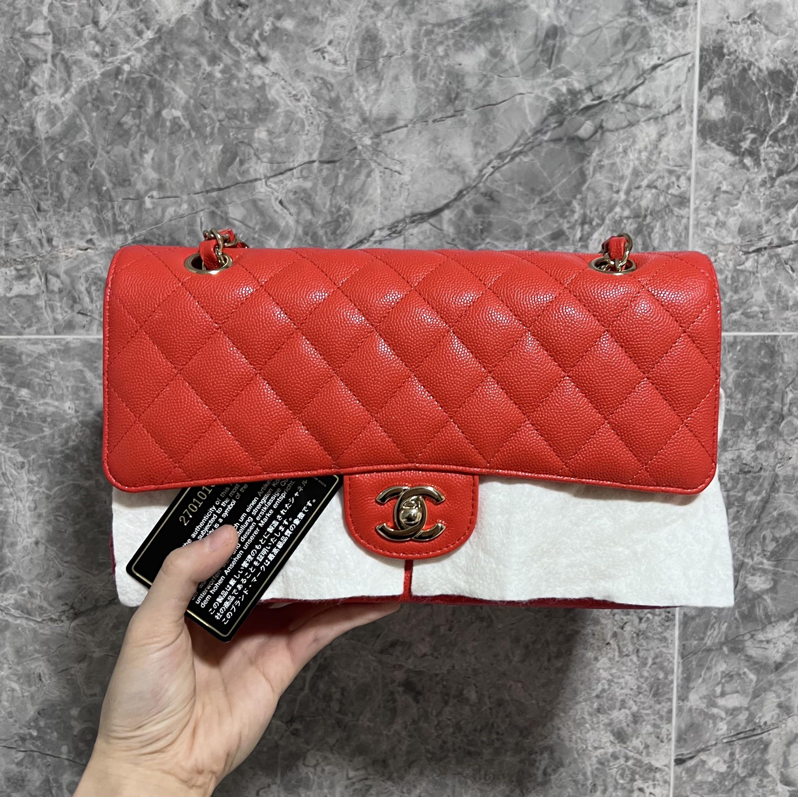 [Entrupy certified] Chanel Classic Medium double Flap CF No.27 Salmon red Caviar Gold Hardware - Luxury Evermore