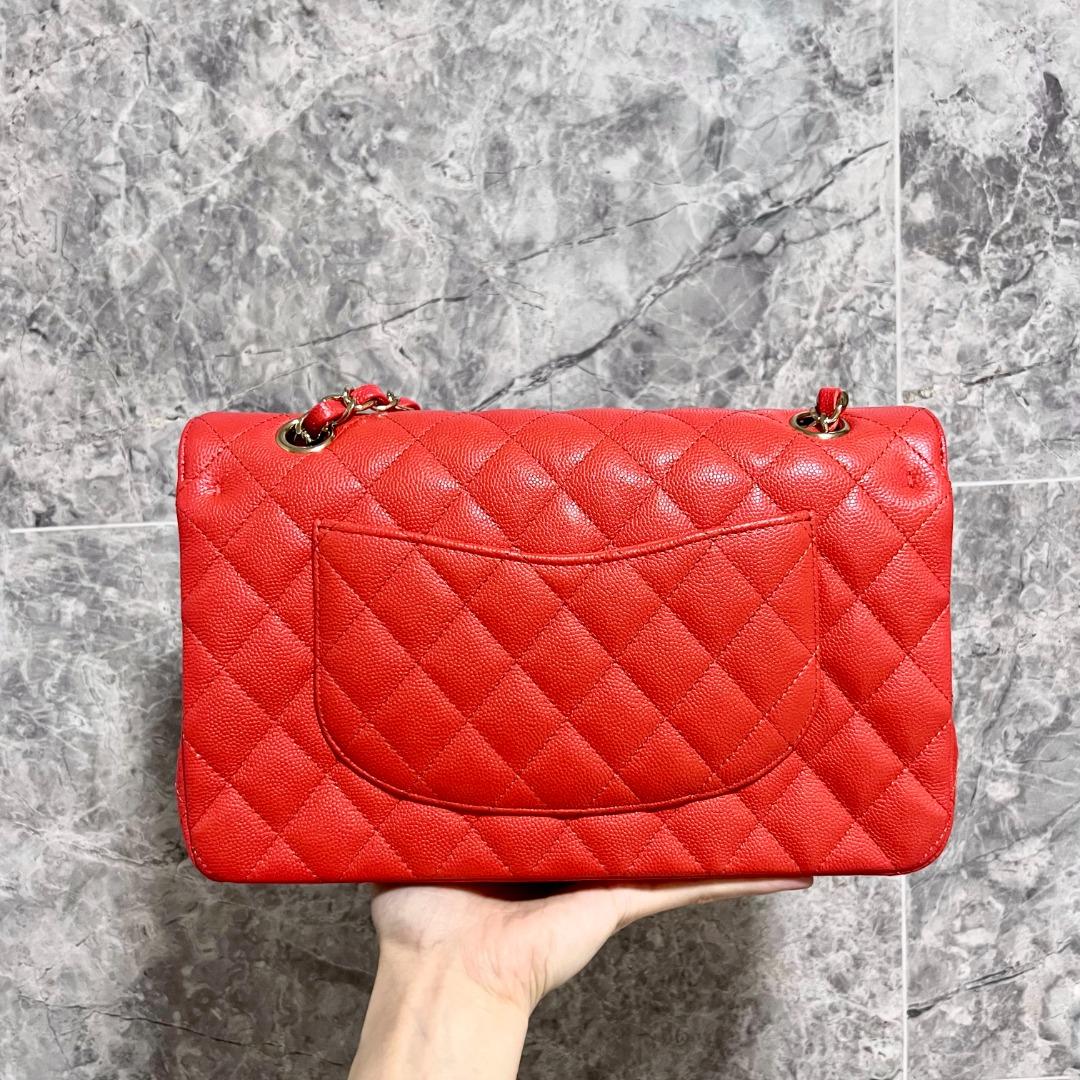 [Entrupy certified] Chanel Classic Medium double Flap CF No.27 Salmon red Caviar Gold Hardware - Luxury Evermore