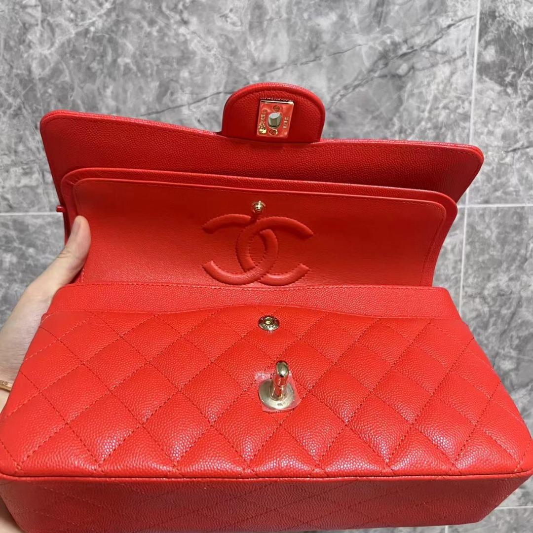 [Entrupy certified] Chanel Classic Medium double Flap CF No.27 Salmon red Caviar Gold Hardware - Luxury Evermore