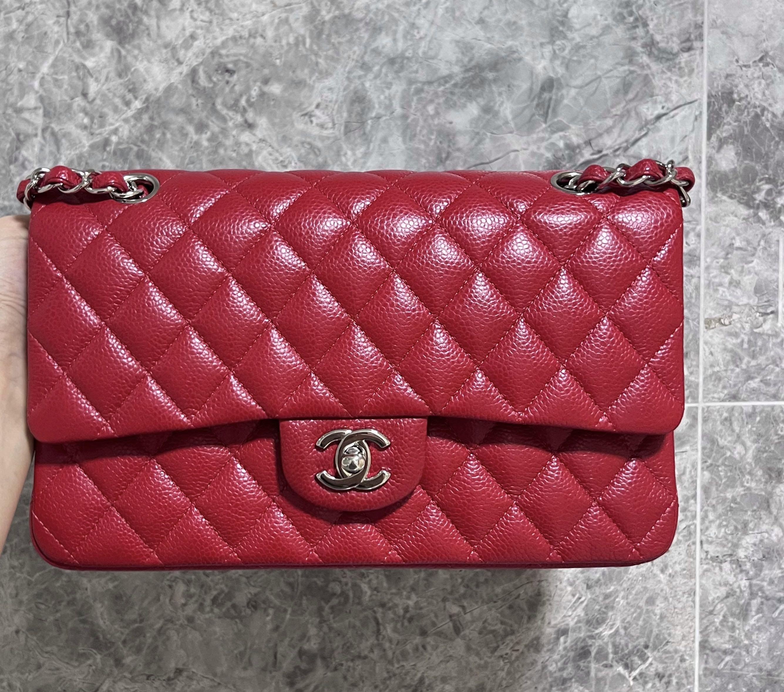 [Entrupy Certified] Chanel Classic Medium double Flap CF red Caviar Silver Hardware - Luxury Evermore