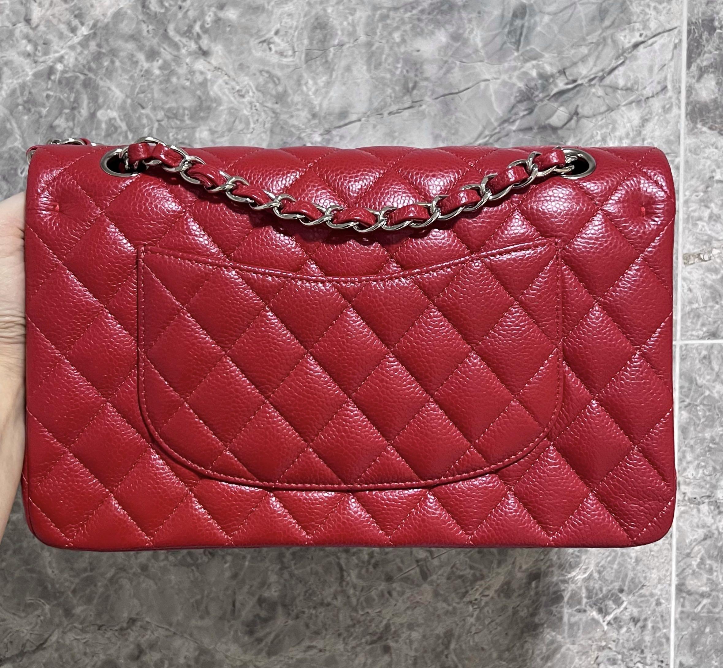 [Entrupy Certified] Chanel Classic Medium double Flap CF red Caviar Silver Hardware - Luxury Evermore