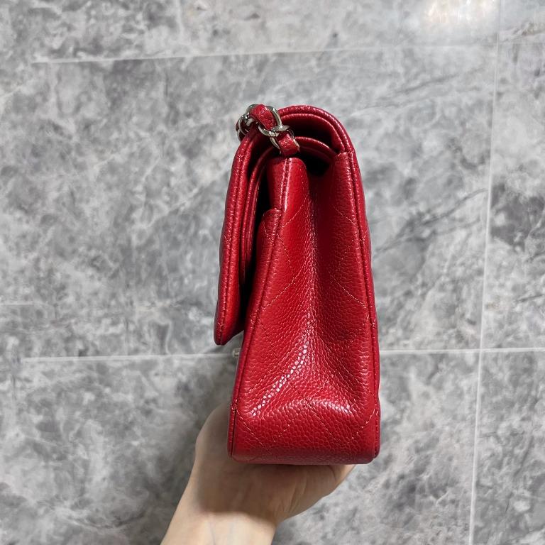 [Entrupy Certified] Chanel Classic Medium double Flap CF red Caviar Silver Hardware - Luxury Evermore