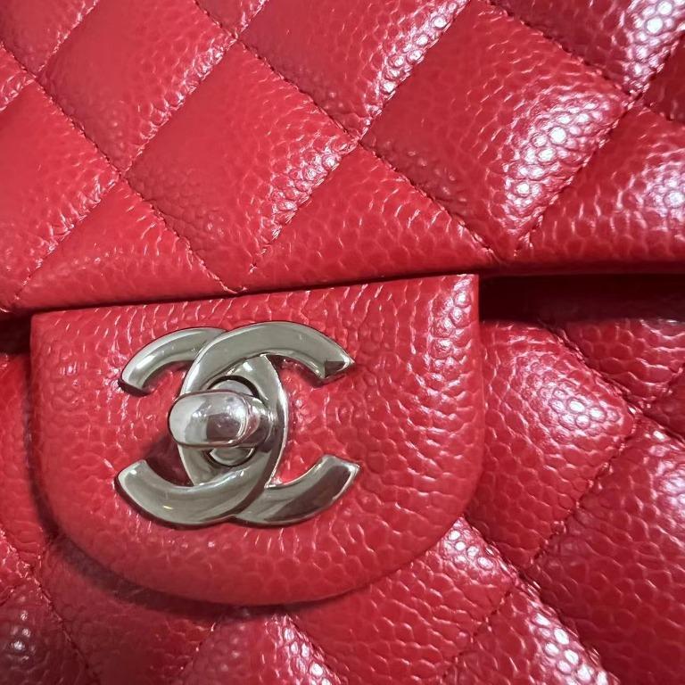 [Entrupy Certified] Chanel Classic Medium double Flap CF red Caviar Silver Hardware - Luxury Evermore