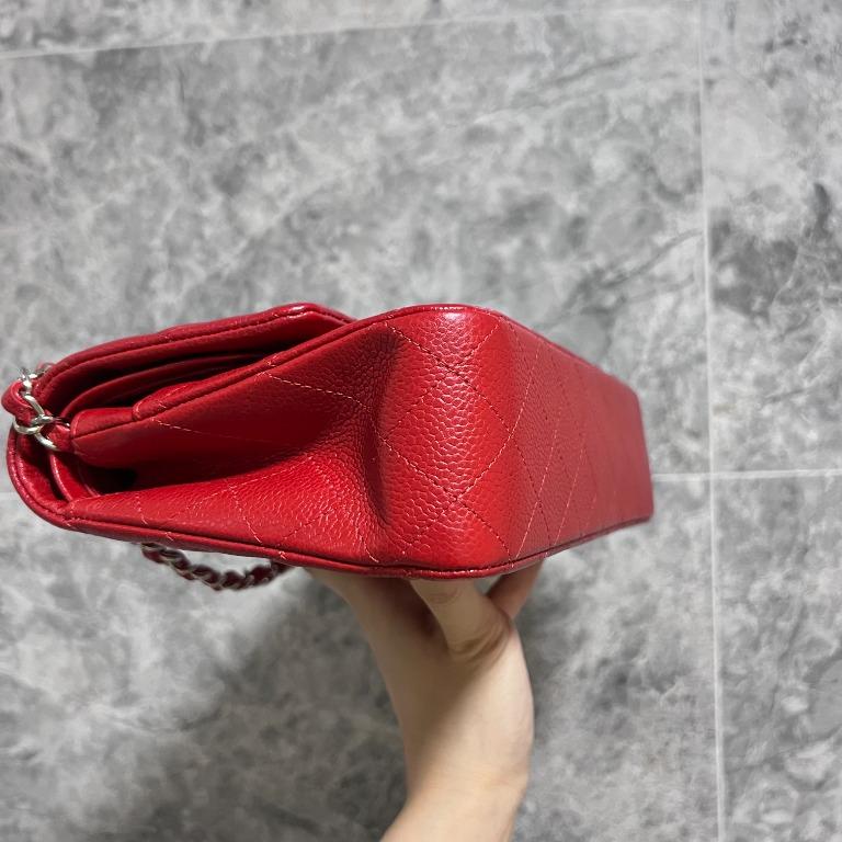 [Entrupy Certified] Chanel Classic Medium double Flap CF red Caviar Silver Hardware - Luxury Evermore