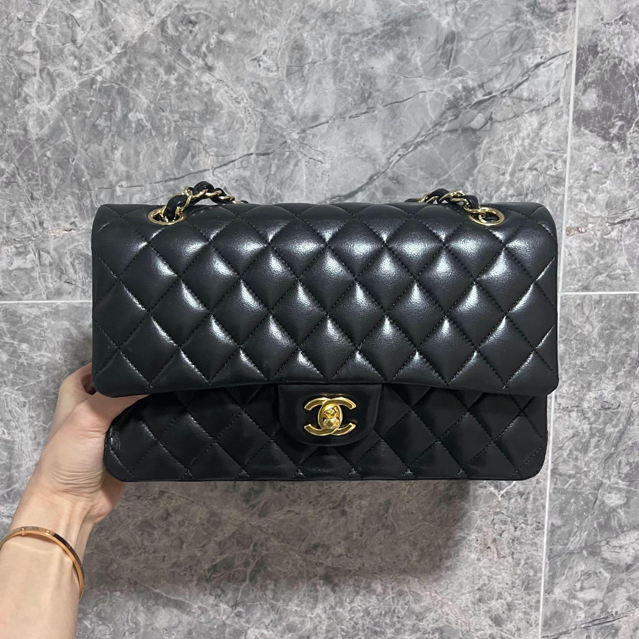 [Entrupy Certified] Chanel Medium CF Classic Double Flap Lambskin Black Gold hardware - Luxury Evermore