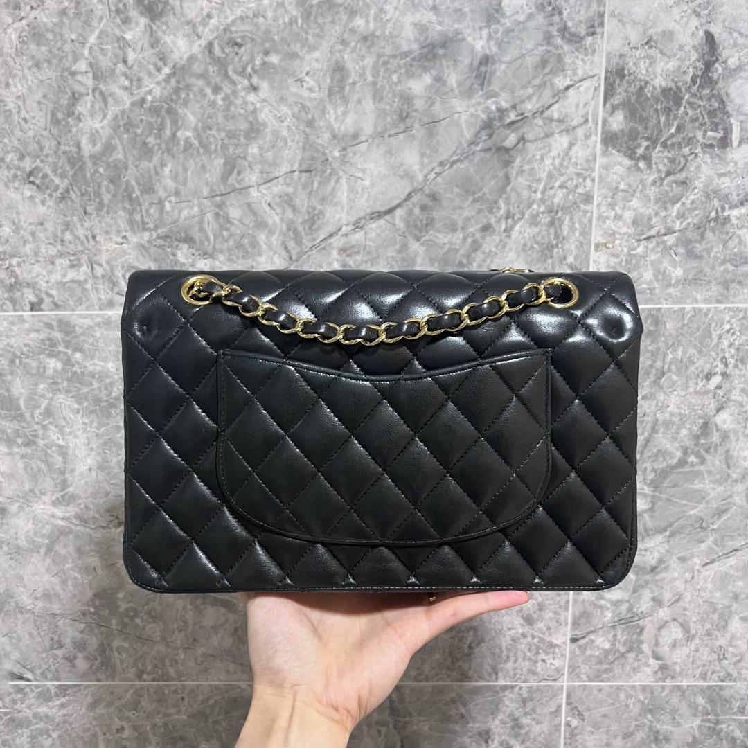 [Entrupy Certified] Chanel Medium CF Classic Double Flap Lambskin Black Gold hardware - Luxury Evermore