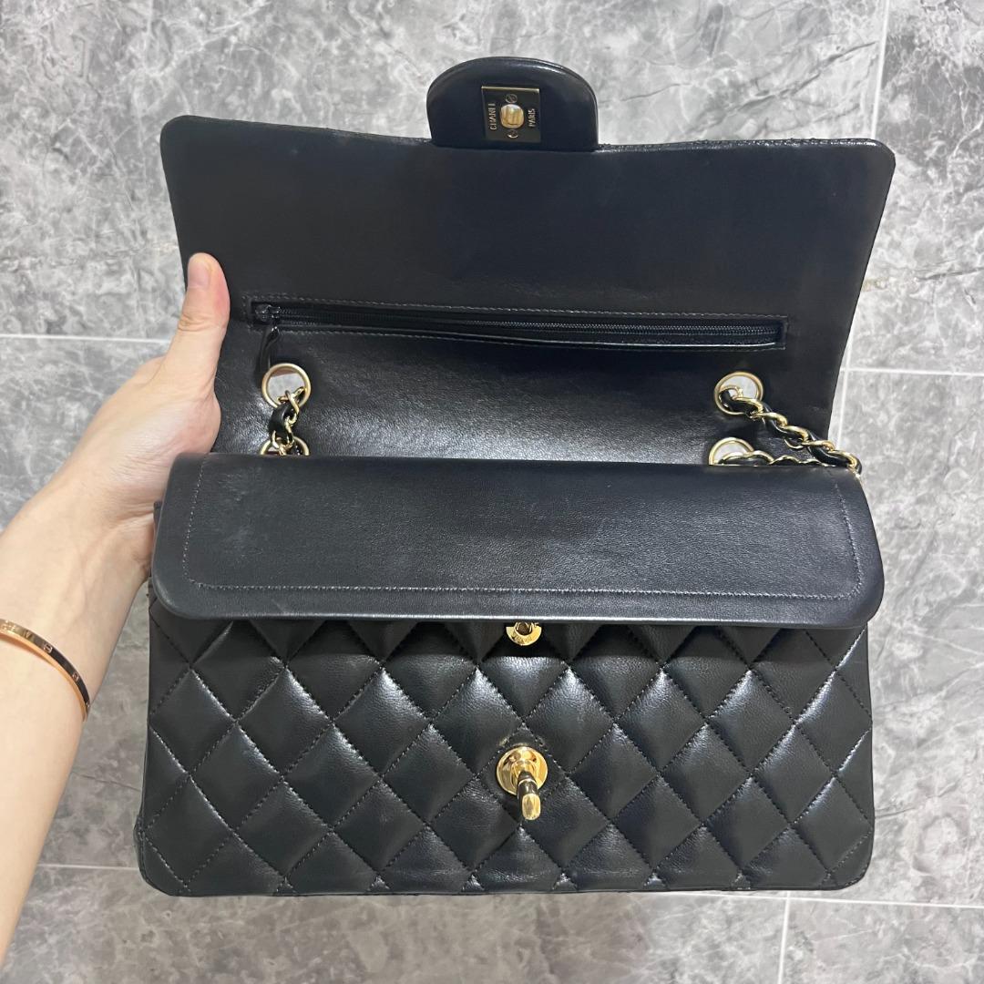 [Entrupy Certified] Chanel Medium CF Classic Double Flap Lambskin Black Gold hardware - Luxury Evermore