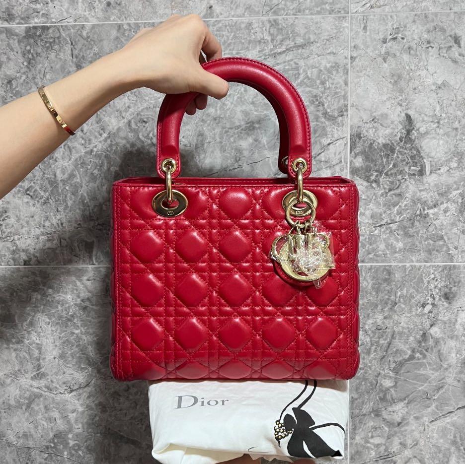 Entrupy certified] Dior Lady Meidum Lambskin Red with Gold Hardware - Luxury Evermore