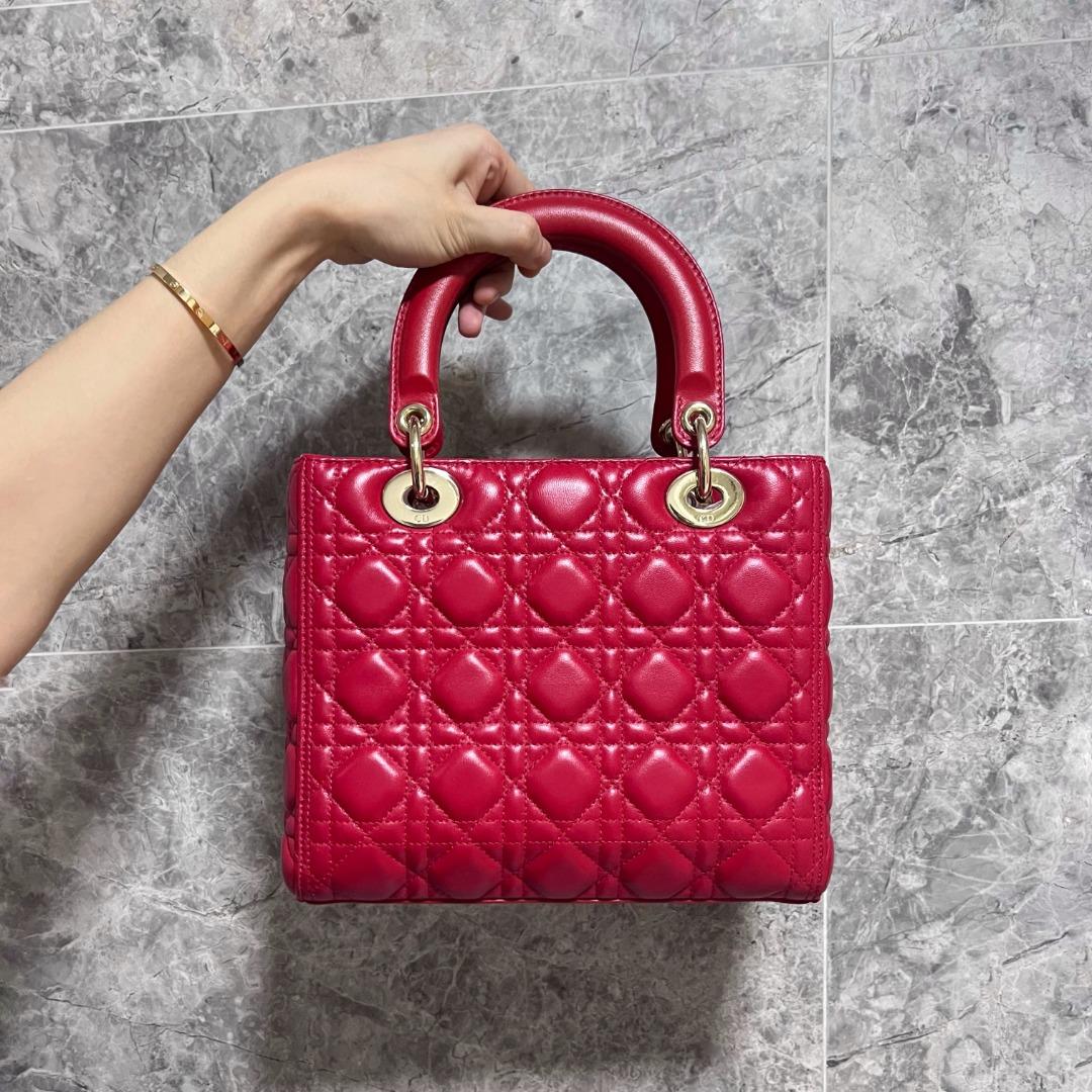 Entrupy certified] Dior Lady Meidum Lambskin Red with Gold Hardware - Luxury Evermore