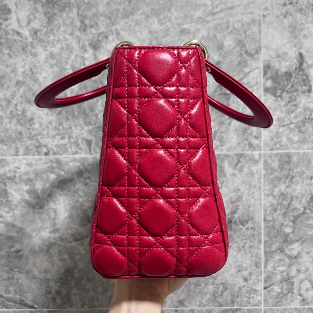 Entrupy certified] Dior Lady Meidum Lambskin Red with Gold Hardware - Luxury Evermore