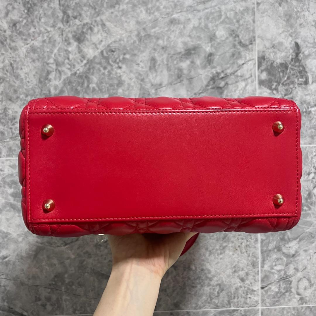 Entrupy certified] Dior Lady Meidum Lambskin Red with Gold Hardware - Luxury Evermore