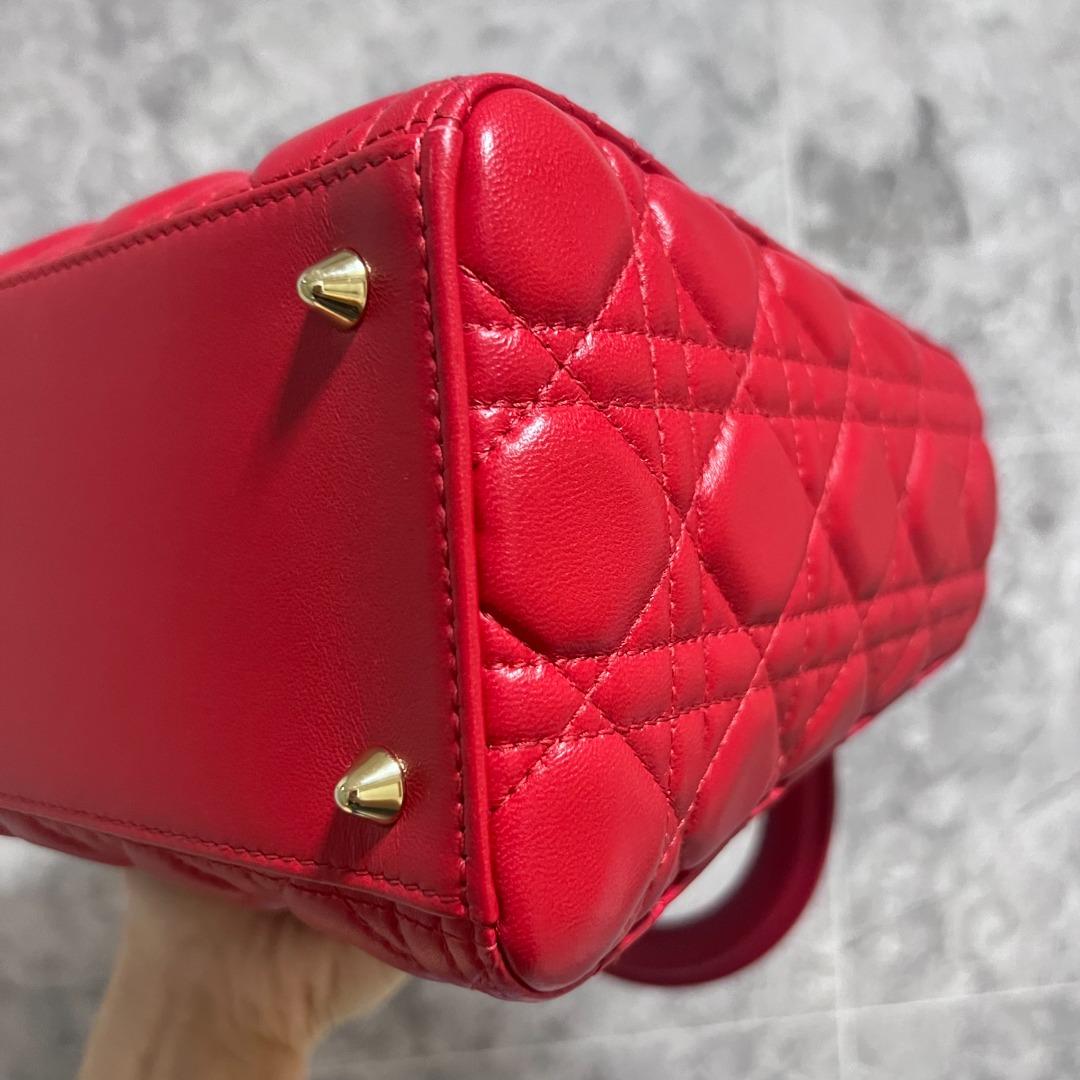 Entrupy certified] Dior Lady Meidum Lambskin Red with Gold Hardware - Luxury Evermore