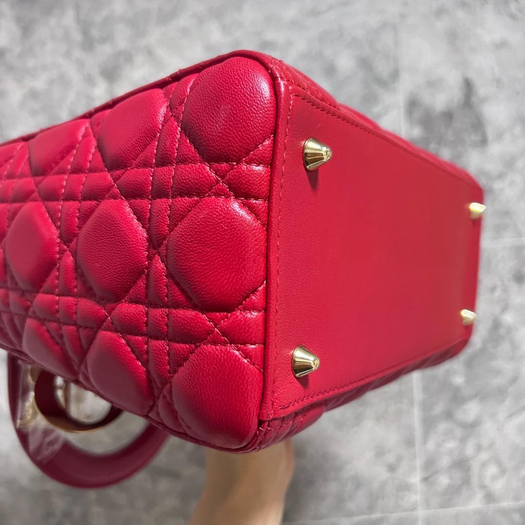 Entrupy certified] Dior Lady Meidum Lambskin Red with Gold Hardware - Luxury Evermore