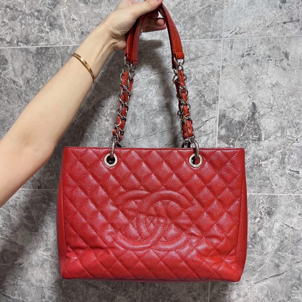 [Entrupy certified]Authentic Chanel Grand Shopping Tote GST with Silver hardware (Red Caviar) - Luxury Evermore