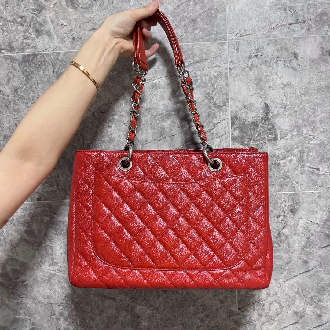 [Entrupy certified]Authentic Chanel Grand Shopping Tote GST with Silver hardware (Red Caviar) - Luxury Evermore