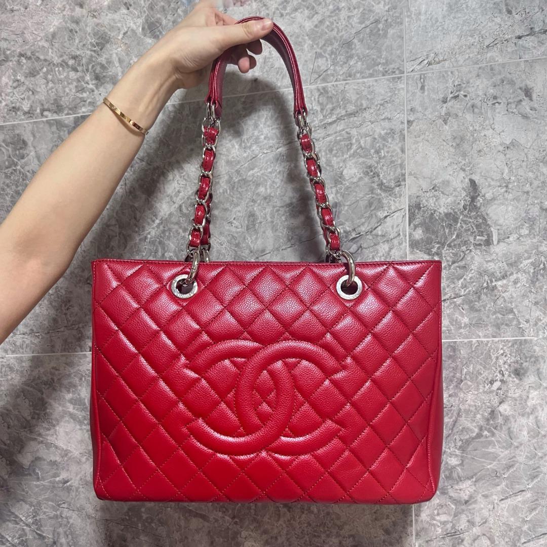 [Entrupy Certified]Authentic Chanel Red Grand Shopping Tote GST with Silver Hardware Caviar - Luxury Evermore