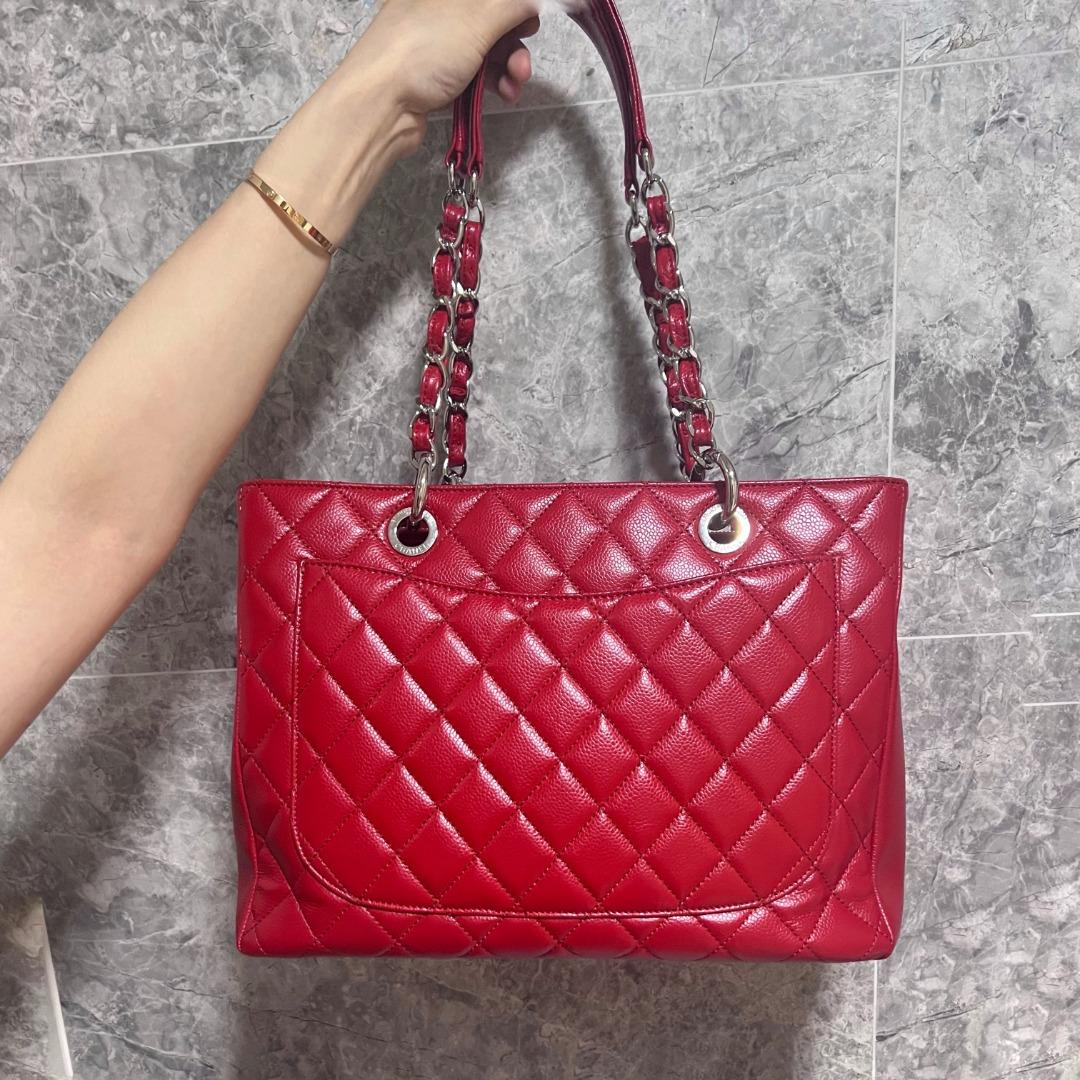 [Entrupy Certified]Authentic Chanel Red Grand Shopping Tote GST with Silver Hardware Caviar - Luxury Evermore