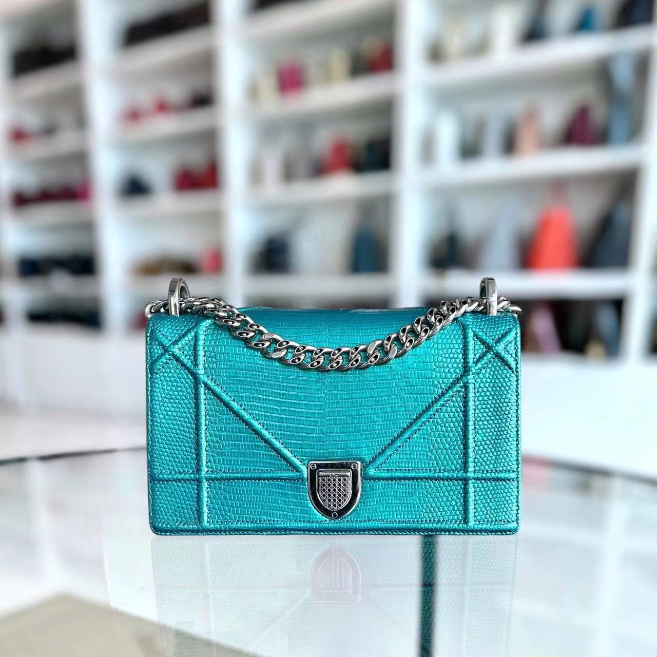 *Exotic* Dior Diorama AMA Small Lizard Skin Green Blue Silver Hardware - Luxury Evermore