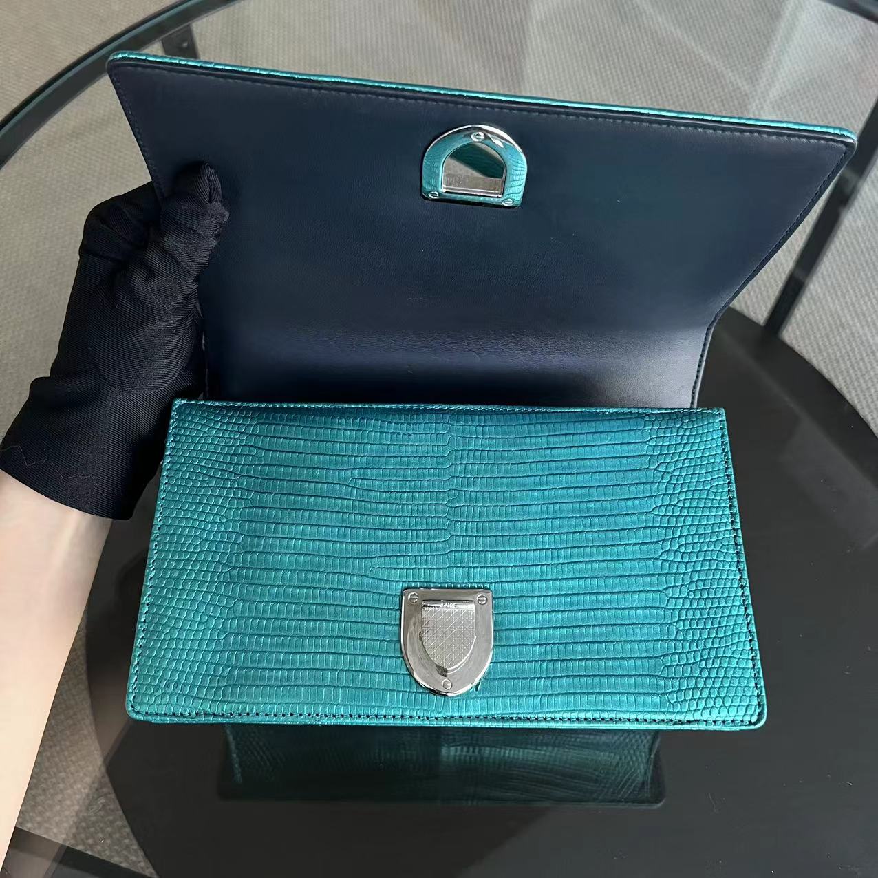 *Exotic* Dior Diorama AMA Small Lizard Skin Green Blue Silver Hardware - Luxury Evermore