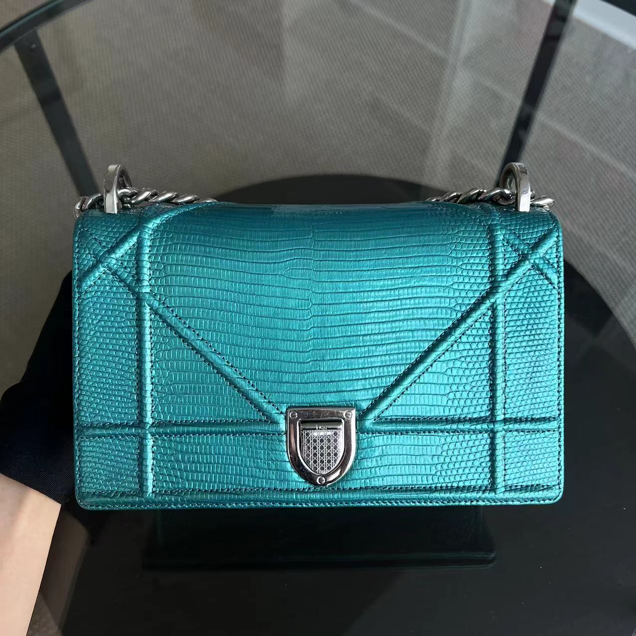 *Exotic* Dior Diorama AMA Small Lizard Skin Green Blue Silver Hardware - Luxury Evermore