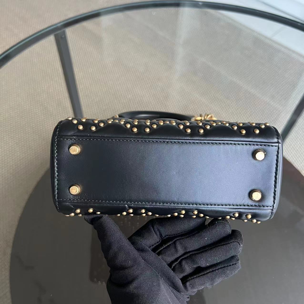 Lady Mini Studded Cannage Calfskin Black Golden Hardware