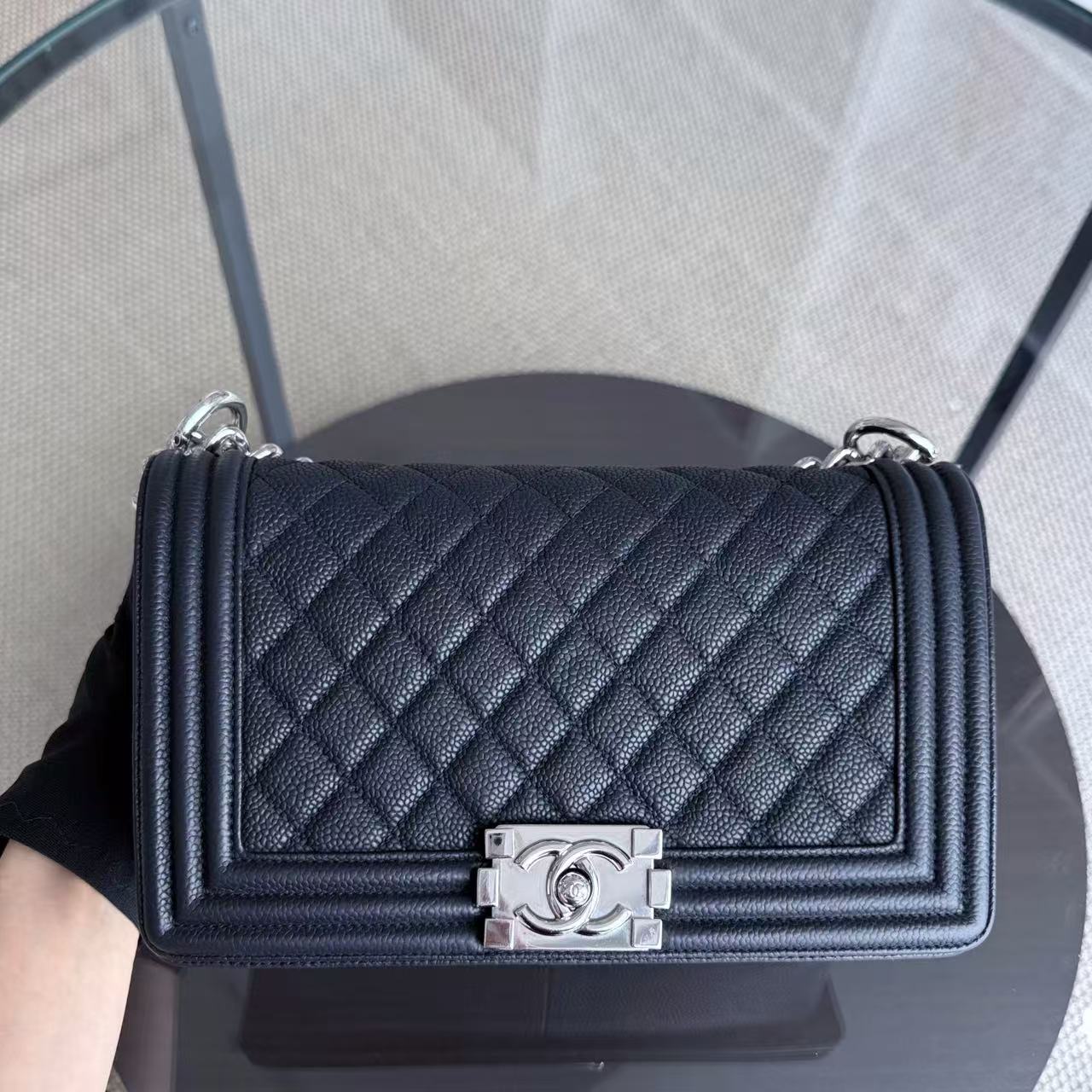 Chanel Boy Medium - 25CM Iridescent Caviar Quilted Calfskin Black Silver Hardware Series 17