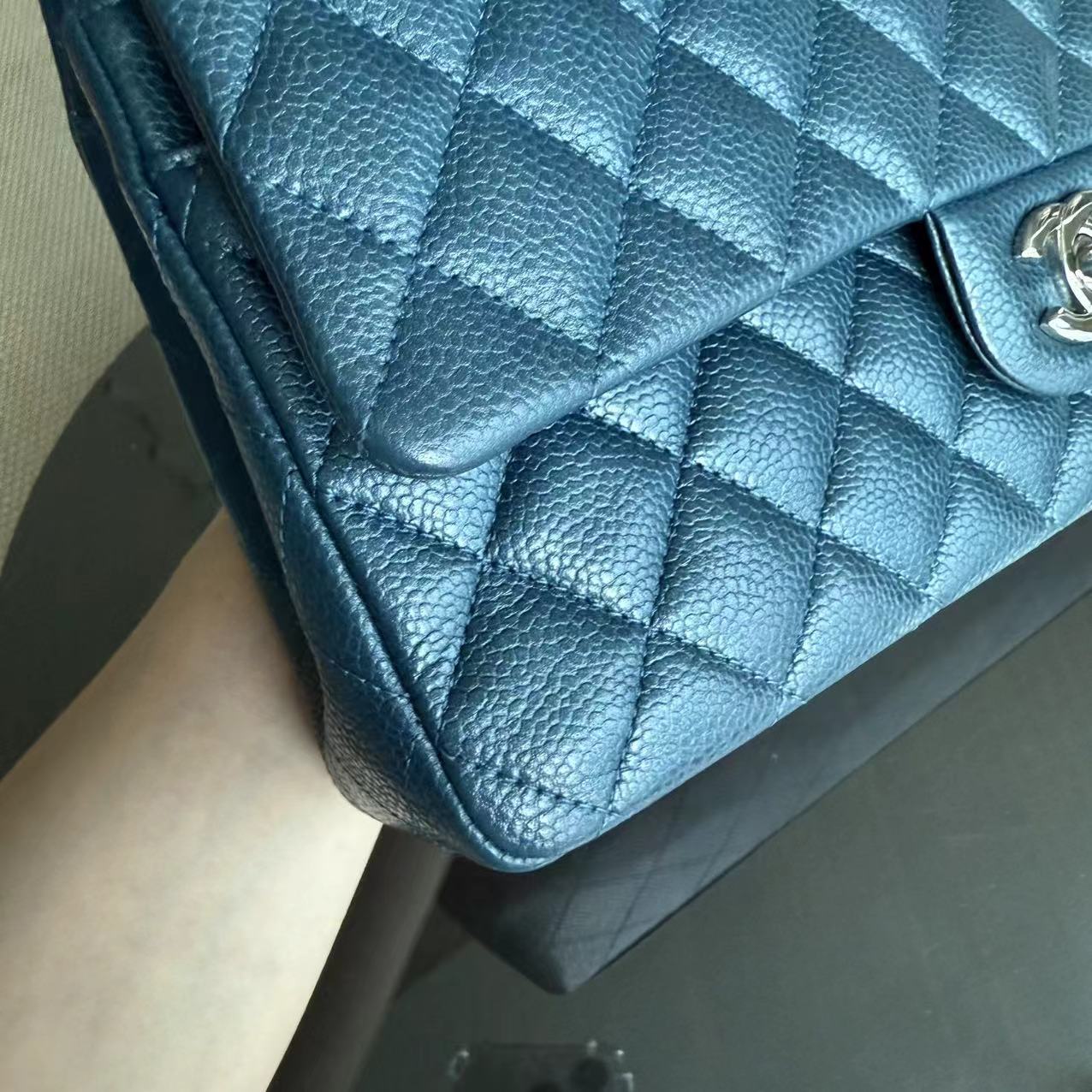 Caviar Medium Classic Flap Quilted Dark Blue Green Silver Hardware Series 20