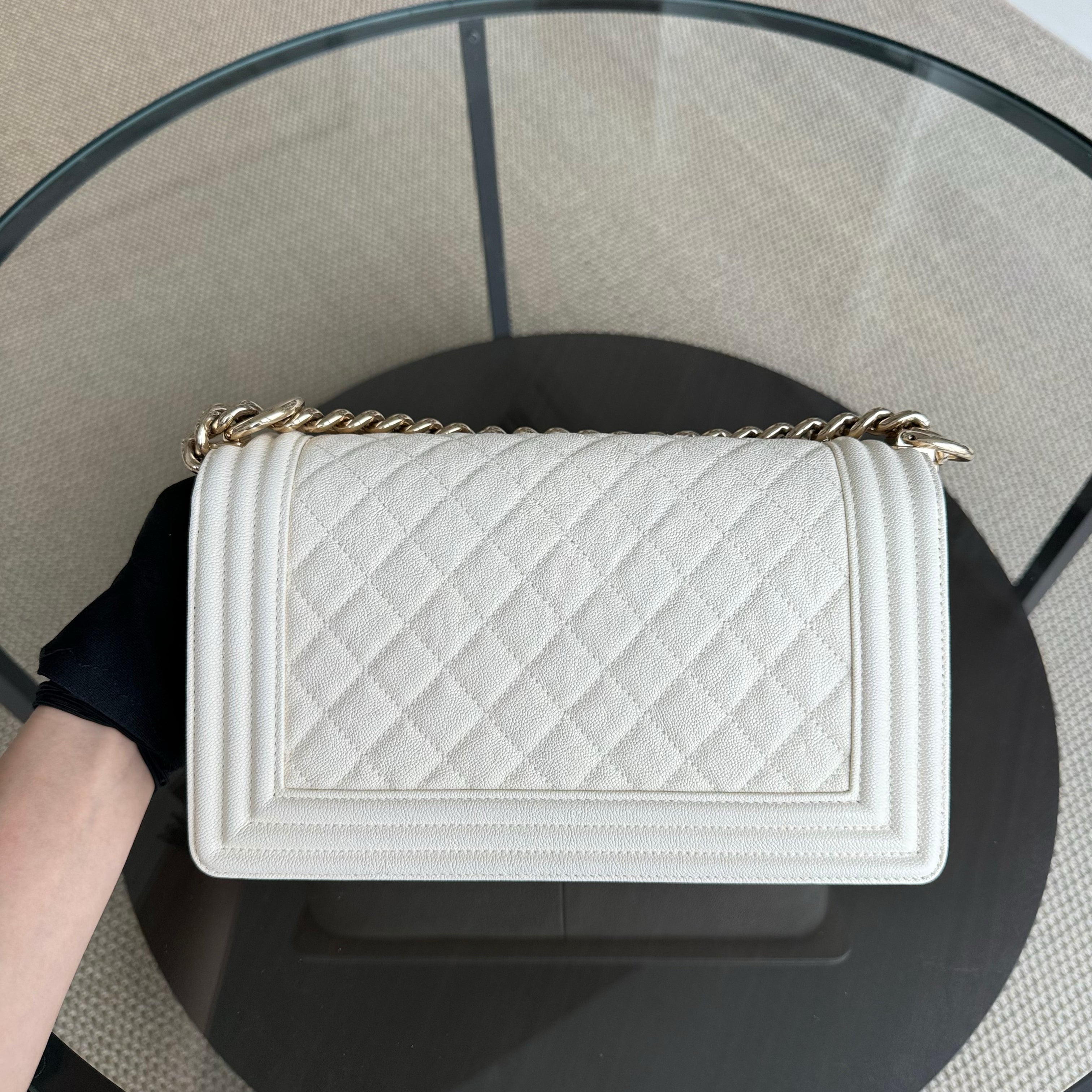 Chanel Boy Medium - Caivar 25CM Quilted Cream White Shiny Gold Hardware Series 28