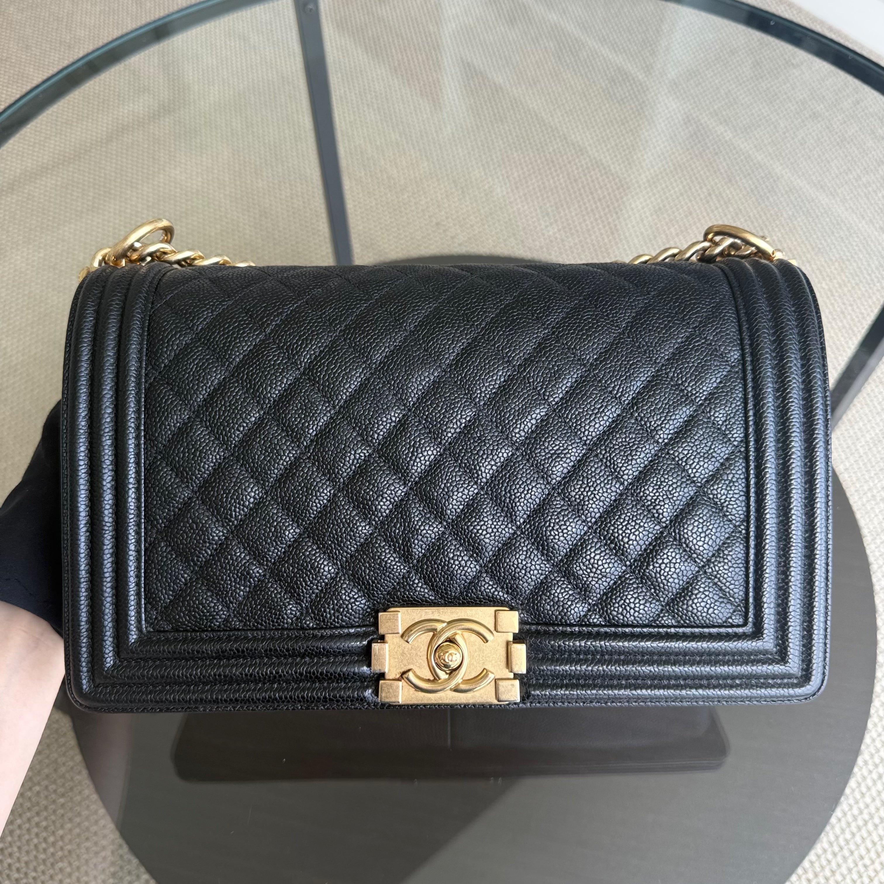 Chanel Boy Medium - Caviar 28CM Quilted Black Aged Gold Hardware Series 23