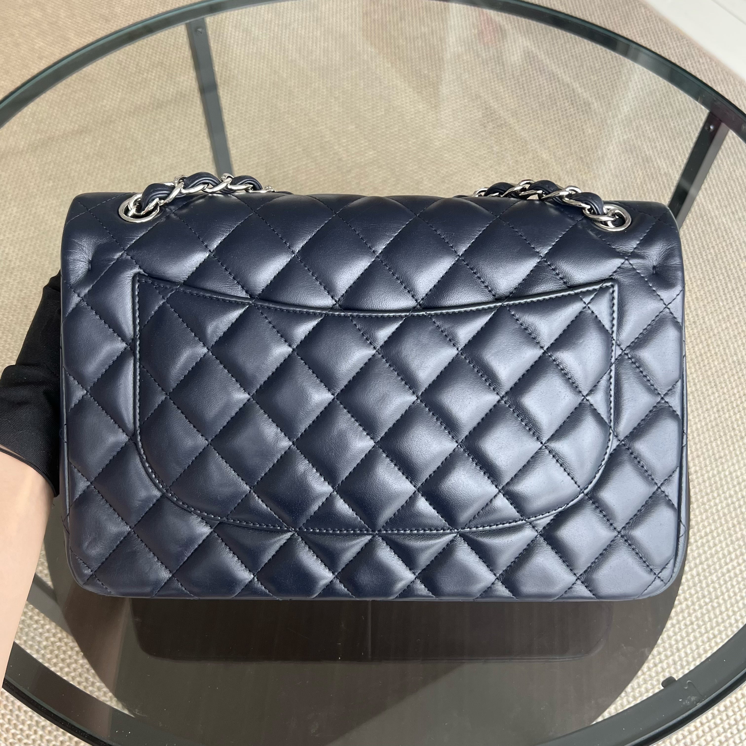 Chanel Classic Flap Jumbo - Double Flap Lambskin 30CM Quilted Dark Navy Blue Silver Hardware Series 16