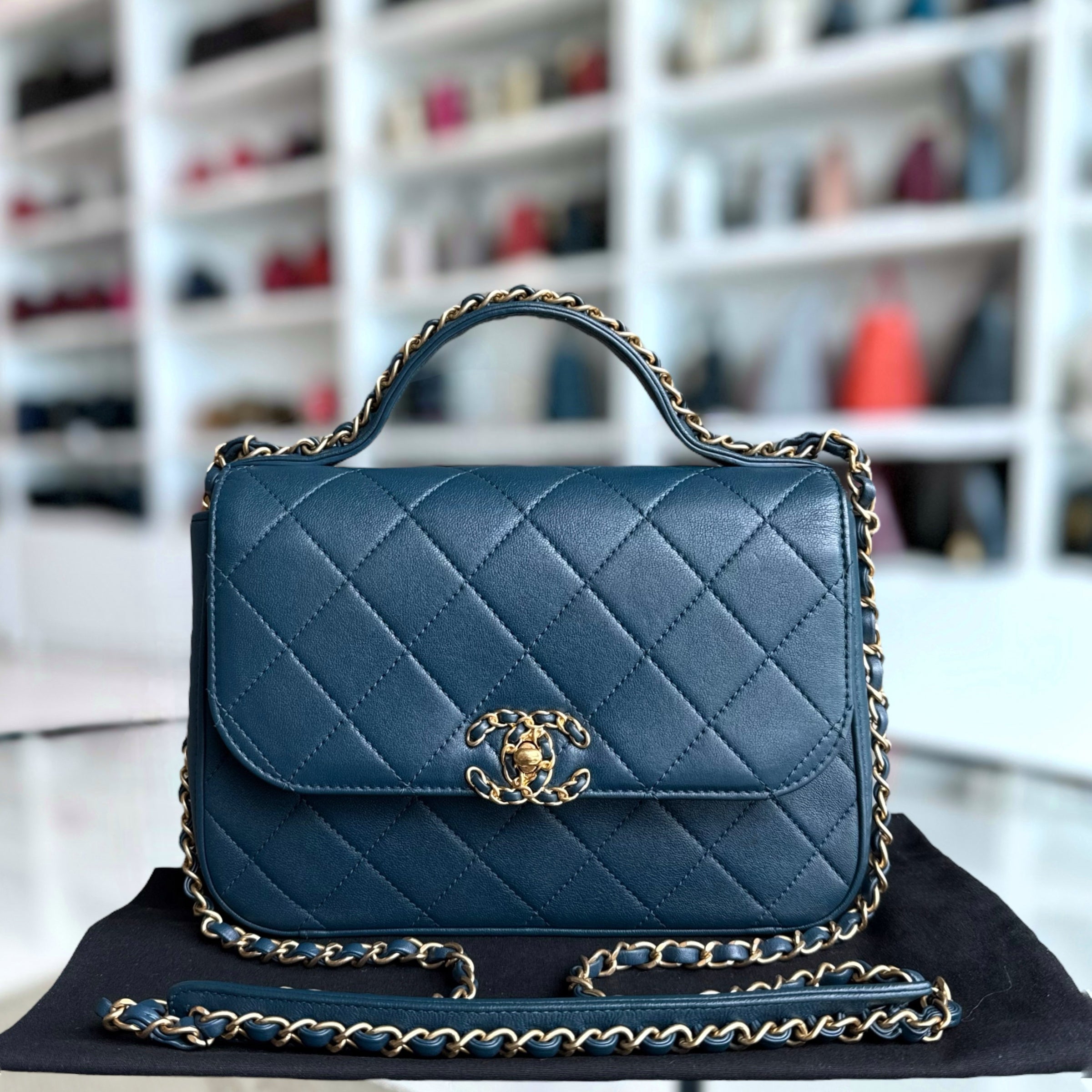 Chanel 19 Bag Flap - C19 With Top Handle Quilted Lambskin Navy Blue Gold Hardware Series 28