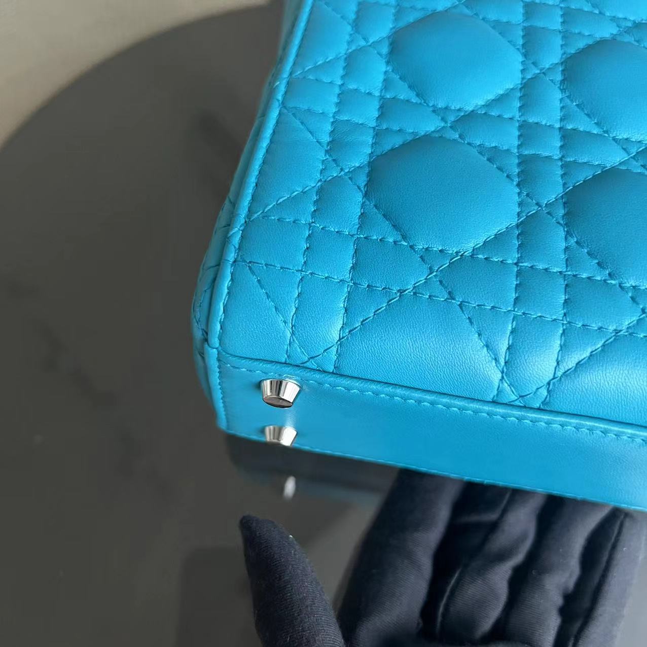 Dior Lady Mini Cannage Lambskin Cyan Blue Silver Hardware