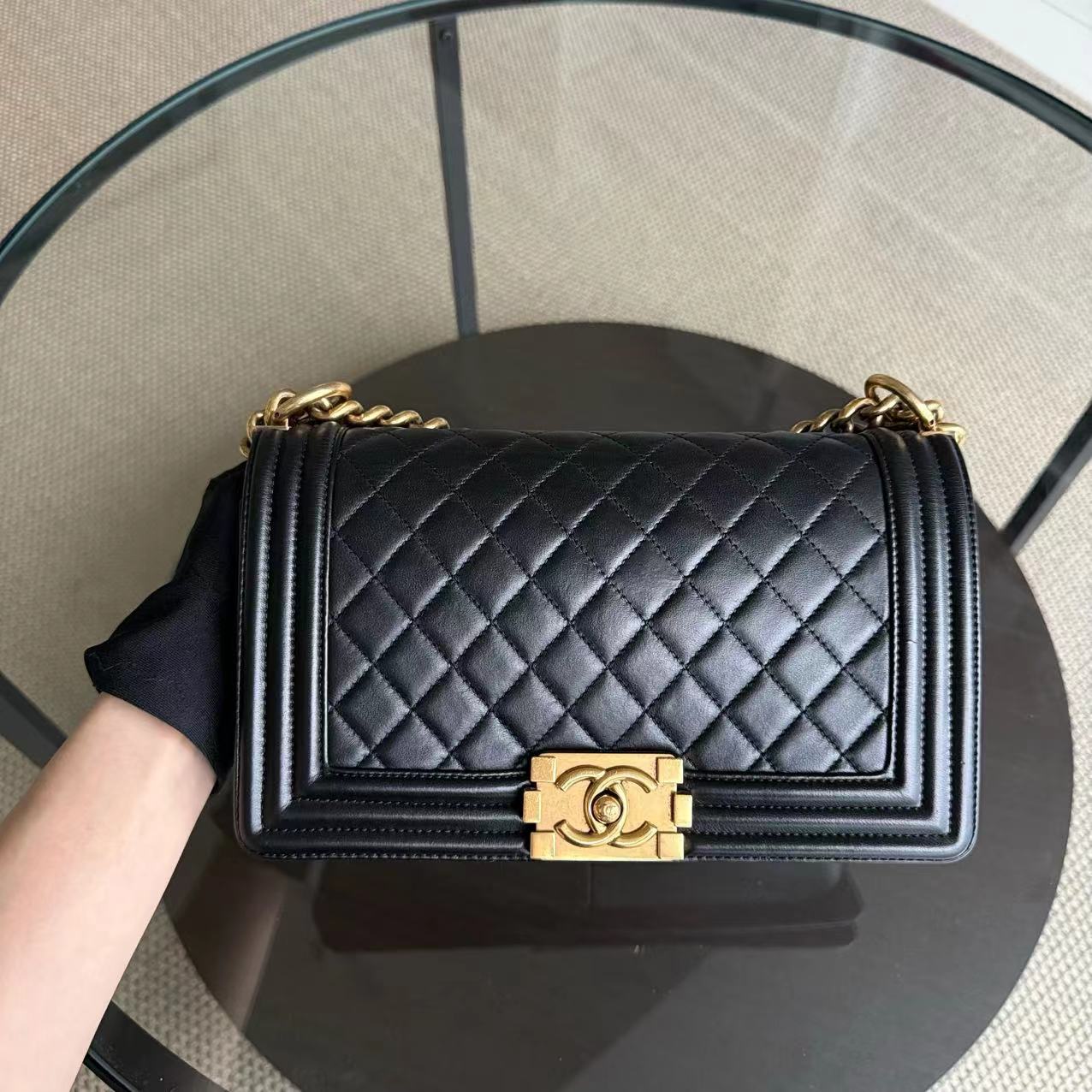 Chanel Boy Medium - Lambskin 25CM Quilted Black Gold Hardware Series 19