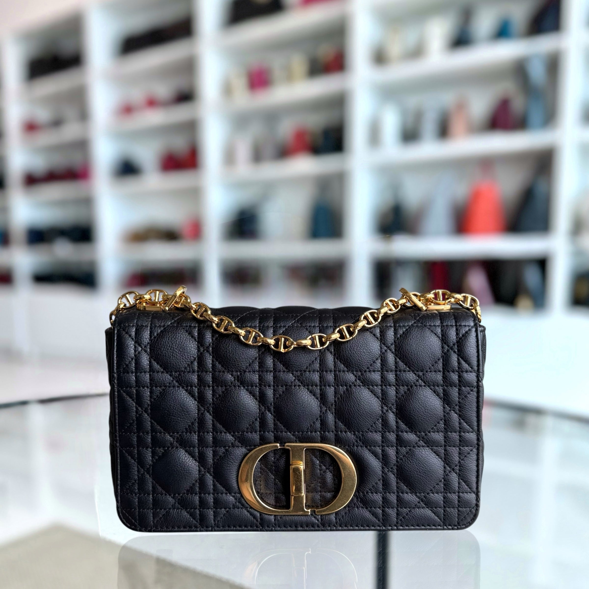 Dior Caro Medium - Cannage Grained Calfskin Black Gold Hardware