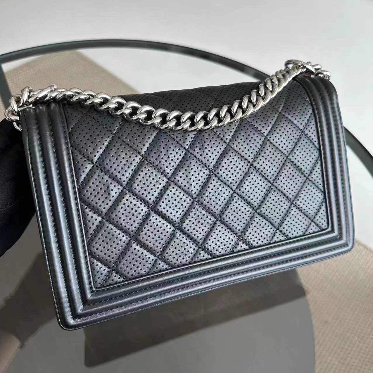 Chanel Boy New Medium 28CM Quilted Lambskin Perforated Black Silver Hardware Series 19