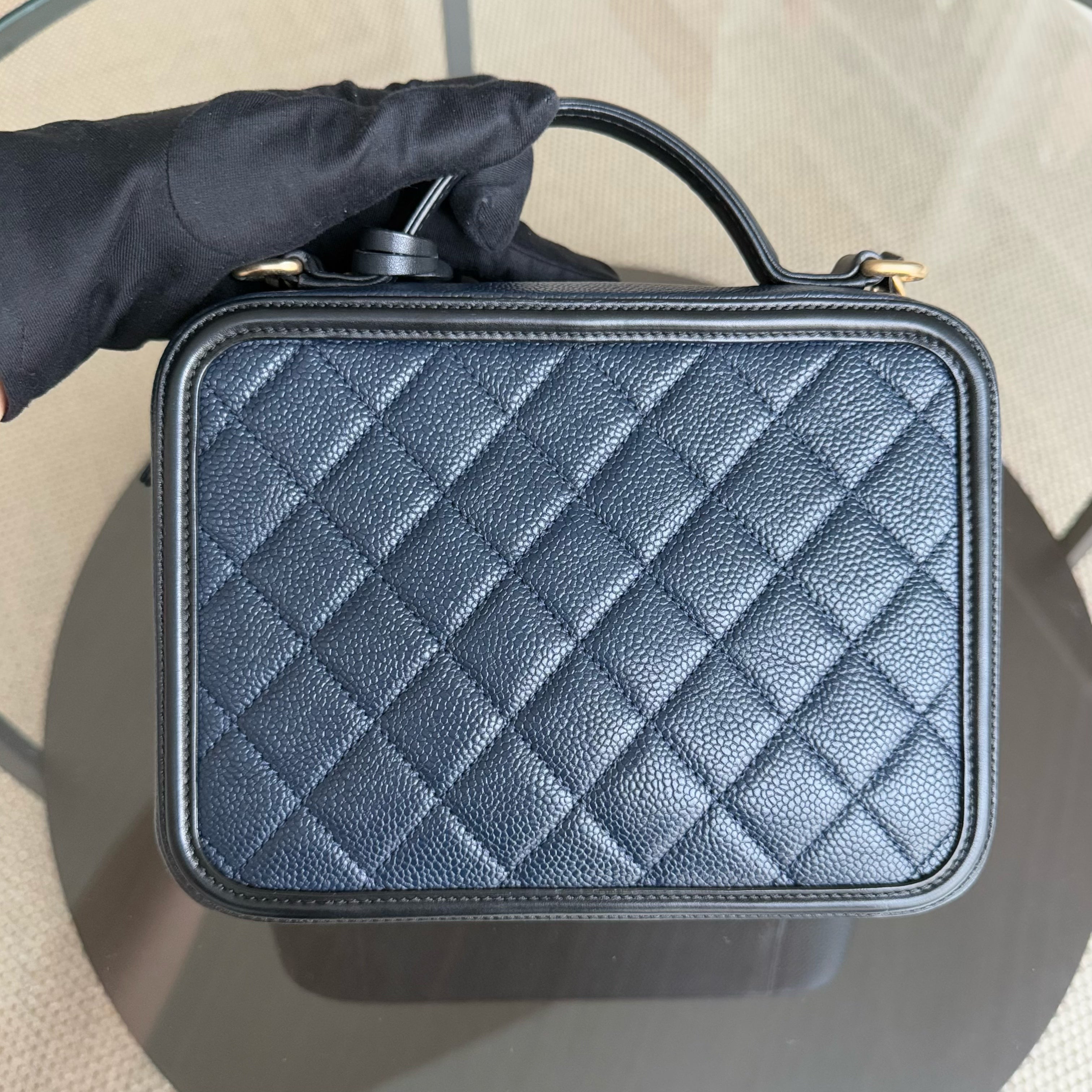 Chanel Vanity Case Medium - Caivar Quilted Dark Blue Gold Hardware Series 26