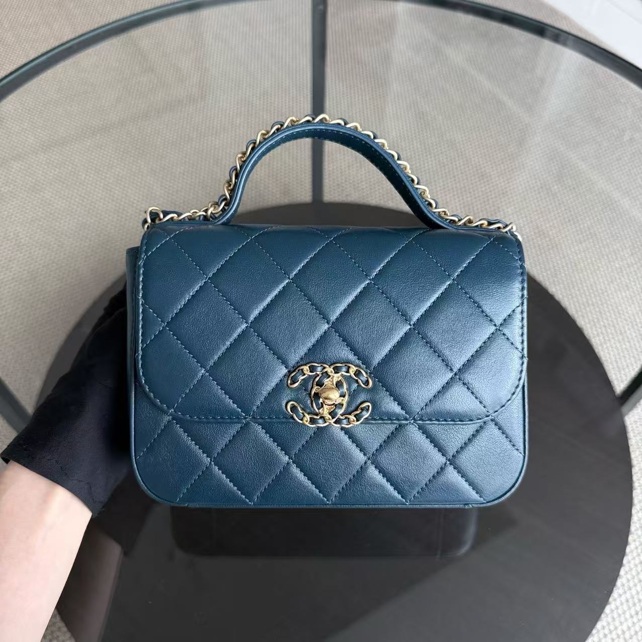 *Unused* Chanel 19 Flap - C19 With Top Handle 19 Bag Quilted Lambskin Blue Gold Hardware Series 28