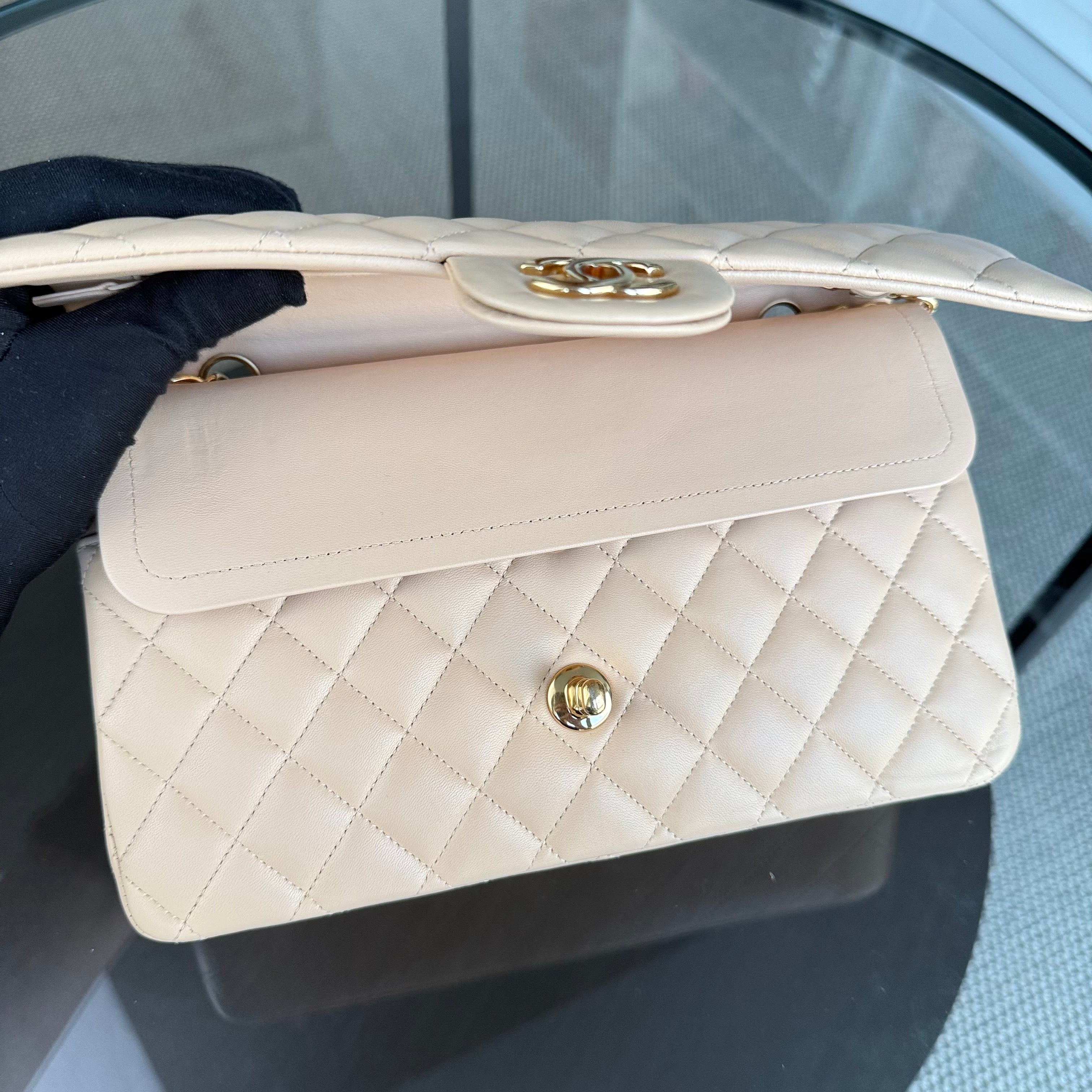 Chanel Classic Flap Medium - 25CM Quilted Lambskin Beige Gold Hardware Series 23