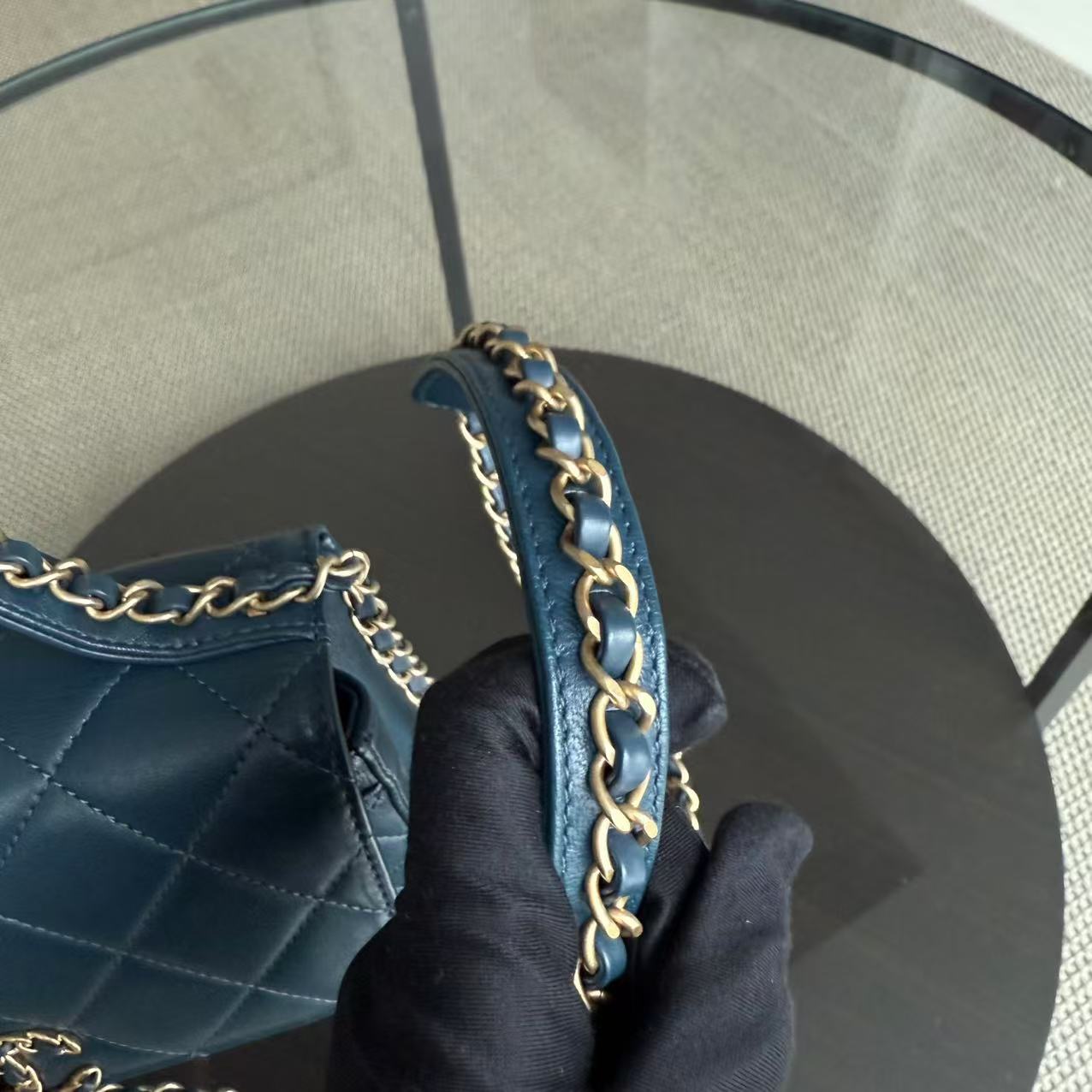 *Unused* Chanel 19 Flap - C19 With Top Handle 19 Bag Quilted Lambskin Blue Gold Hardware Series 28