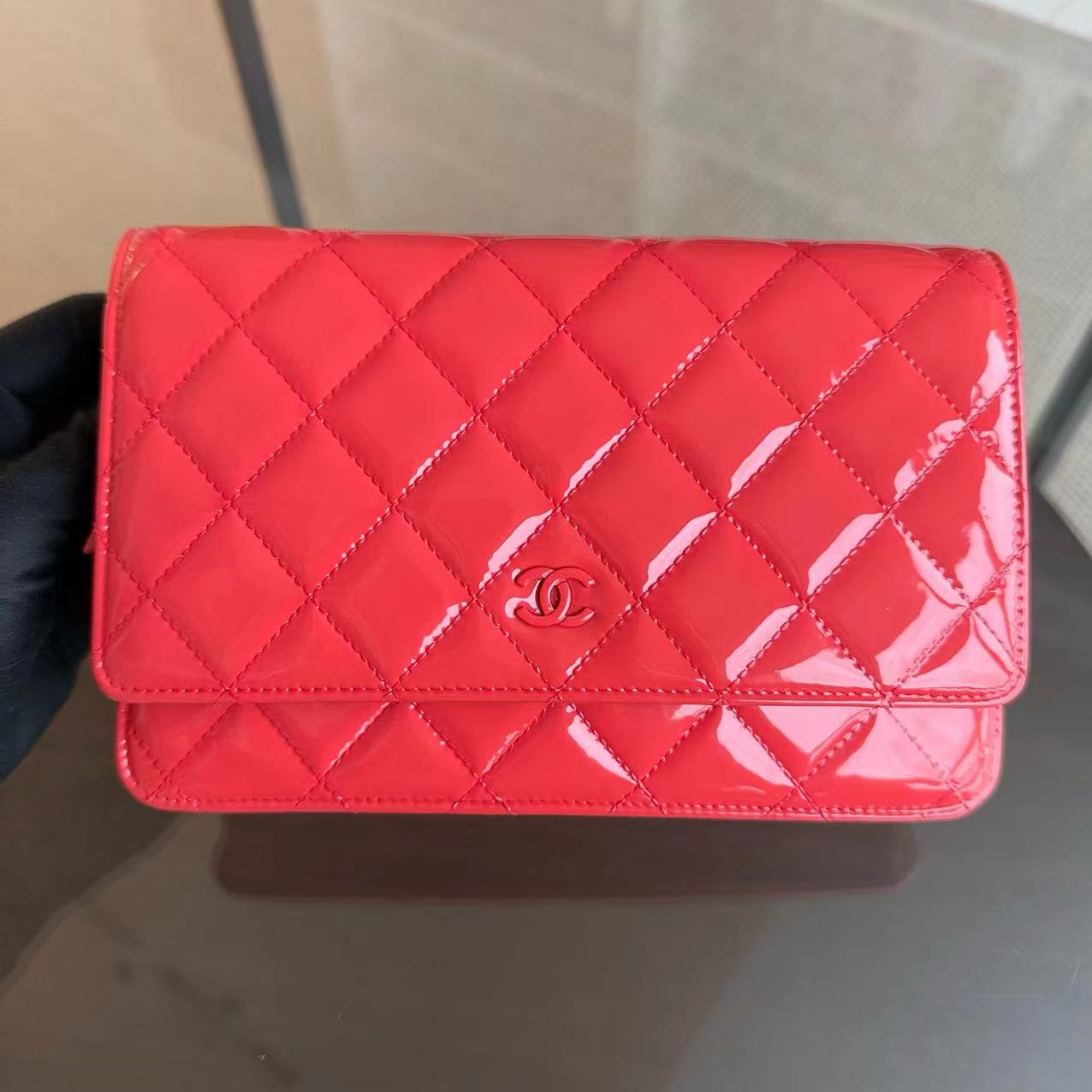 Chanel Wallet On Chain WOC - Quilted Patent Leather Red Pink