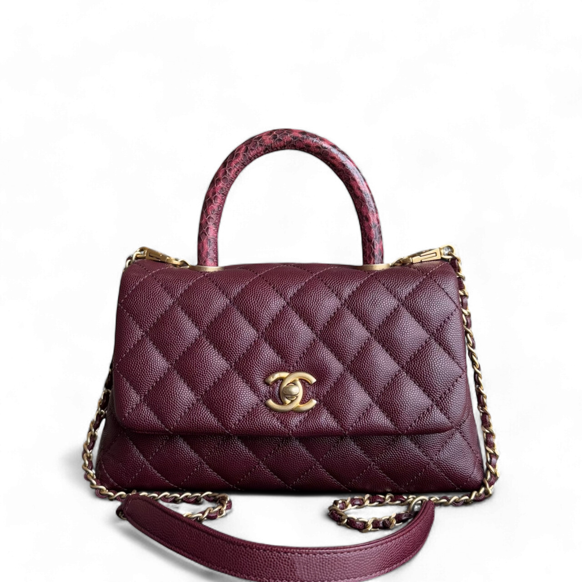 Chanel Coco Handle Small - Caviar Quilted Lizard Burgundy Dark Red Gold Hardware Series 26