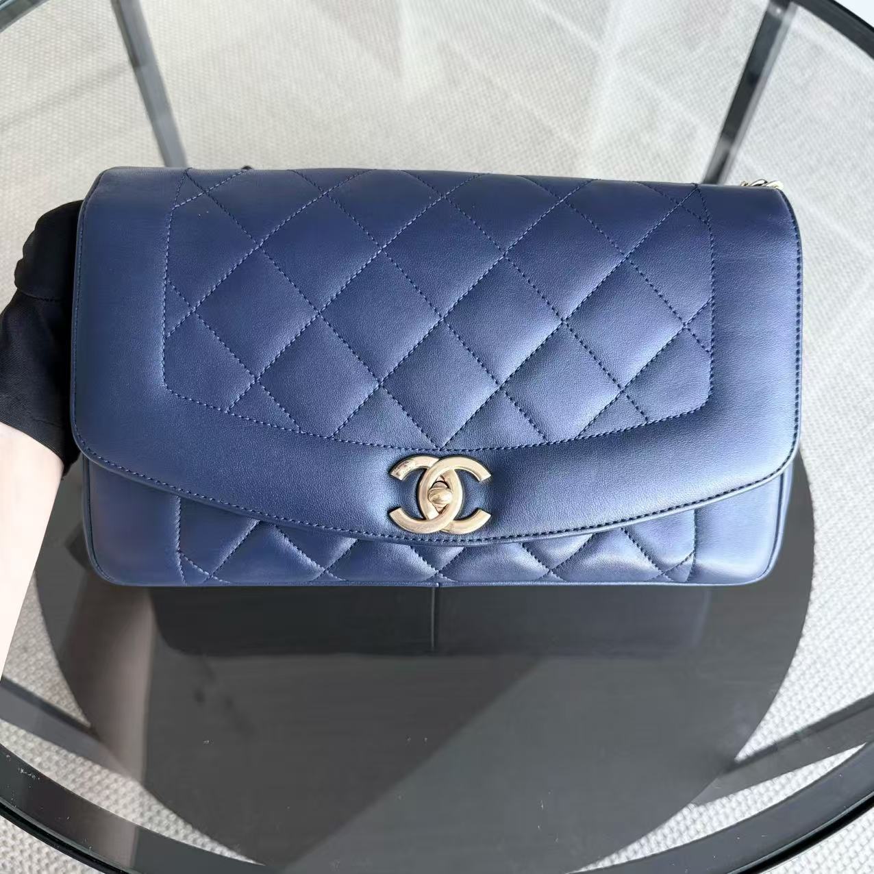 *Rare 2015 Re-issue* Chanel Diana - 28CM Quilted Lambskin Dark Blue Gold Hardware Series 20