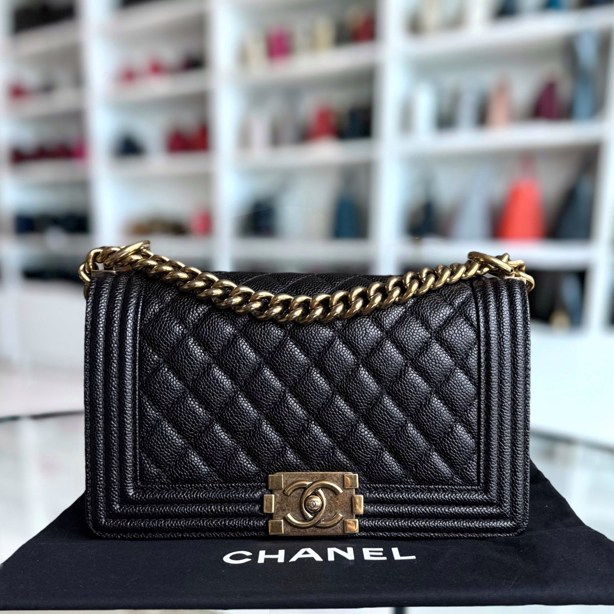 Chanel Boy Medium - Caivar 25CM Quilted Black Ruthenium Gold Hardware Series 20